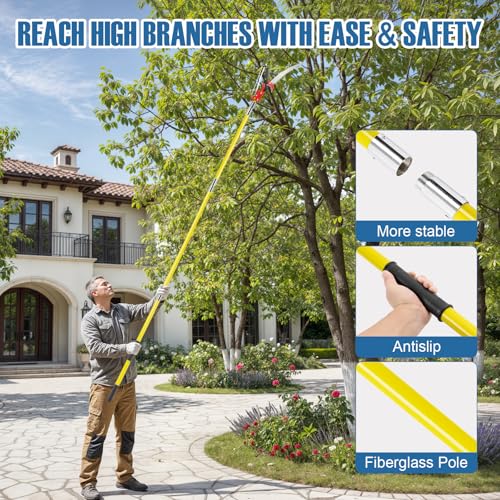 Image of Pole Saws for Tree Trimming, Manual Pole Saws, Tree Pruner Extendable for garden (30FT Fiberglass Handle With Scissor-Yellow)