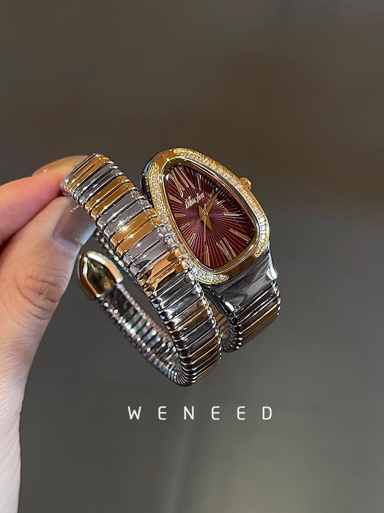 Klassische Damenuhr in Schlangenform, Gold und Silber, skalierbares Armband, Quarz-Uhren mit funkelnden Diamanten