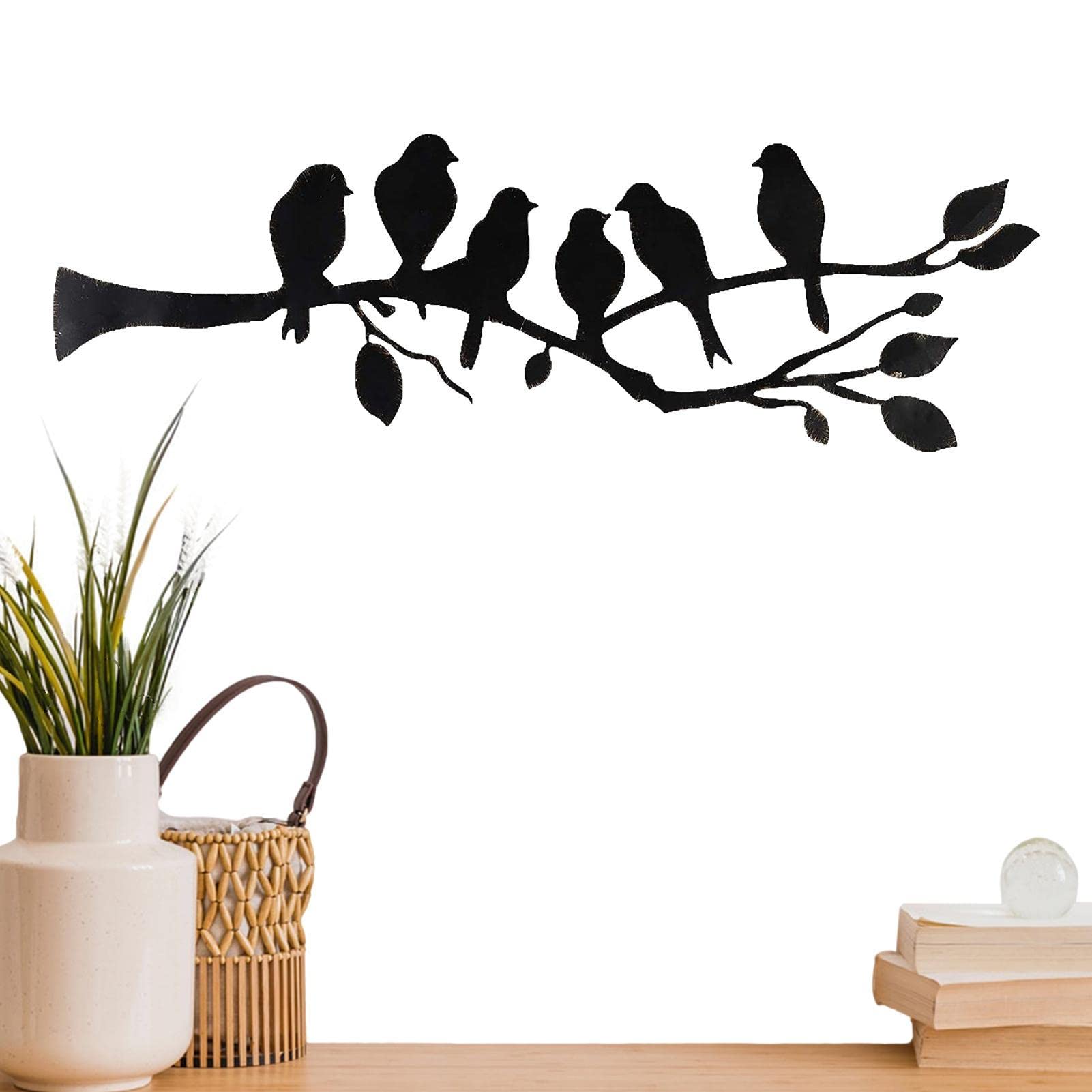 Décoration Murale Métal Oiseaux Sur Branche - 43x18,6 Cm - Art Mural Silhouette Pour Salon, Jardin