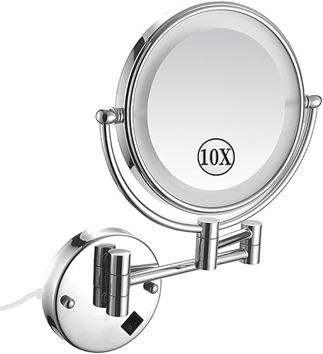 Miniatura 21 de KEYQEEN Espejo de maquillaje LED con luces, espejo de aumento de doble cara 1X/10X, espejo cromado montado en la pared giratorio de 360° extensible