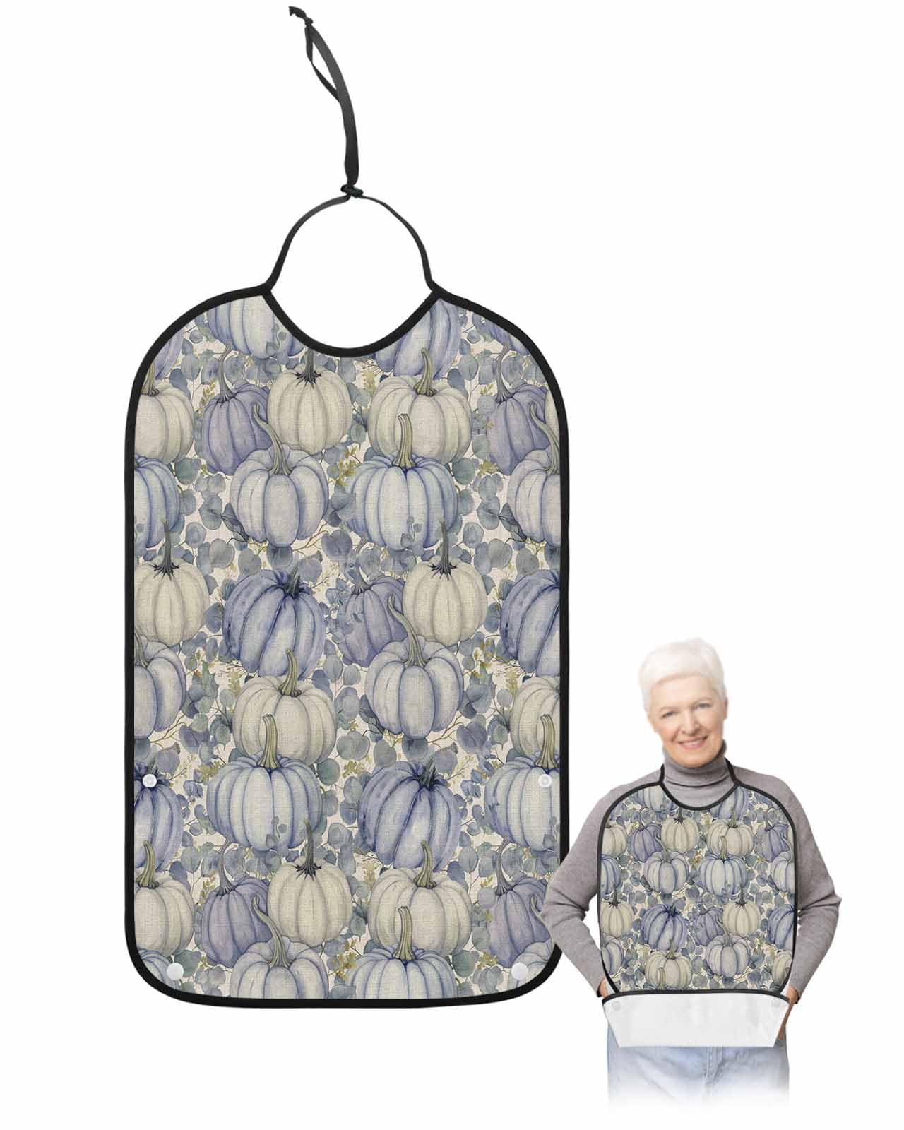 LEOKOTI Blue Pumpkins Fall Adult Bibs for Eating, Waterproof Bibs with Food Catcher & Adjustable Snap Closure, Thanksgiving Eucalyptus Leaves Rustic Washable Clothing Protectors Adult Bibs for Elderly