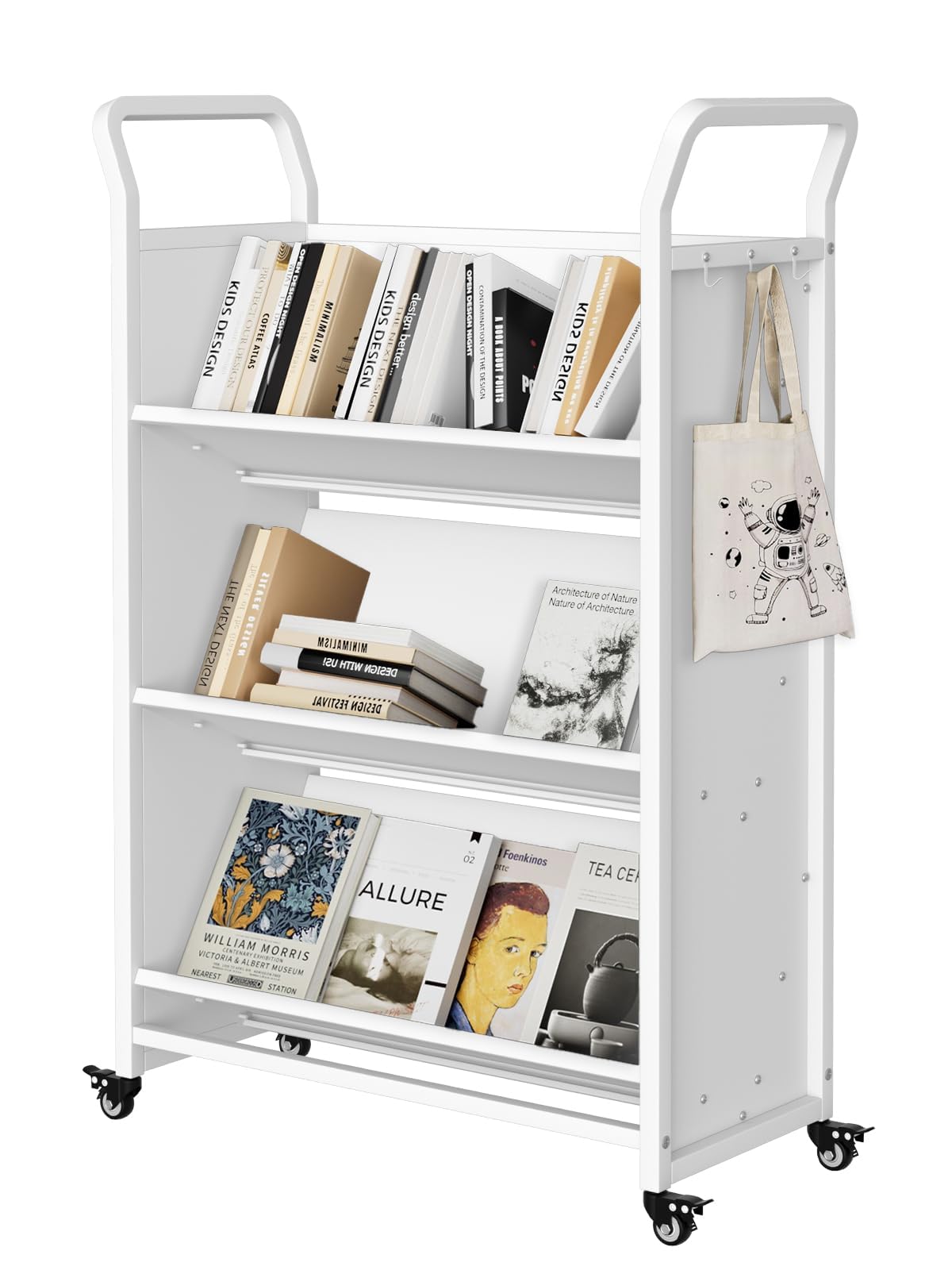 Garvee Book Cart with Wheels, Heavy-Duty Mobile Bookshelf Organizer, Single Sided V-Shaped Rolling Library Cart with Locking Casters for Office, School &amp; Home, White