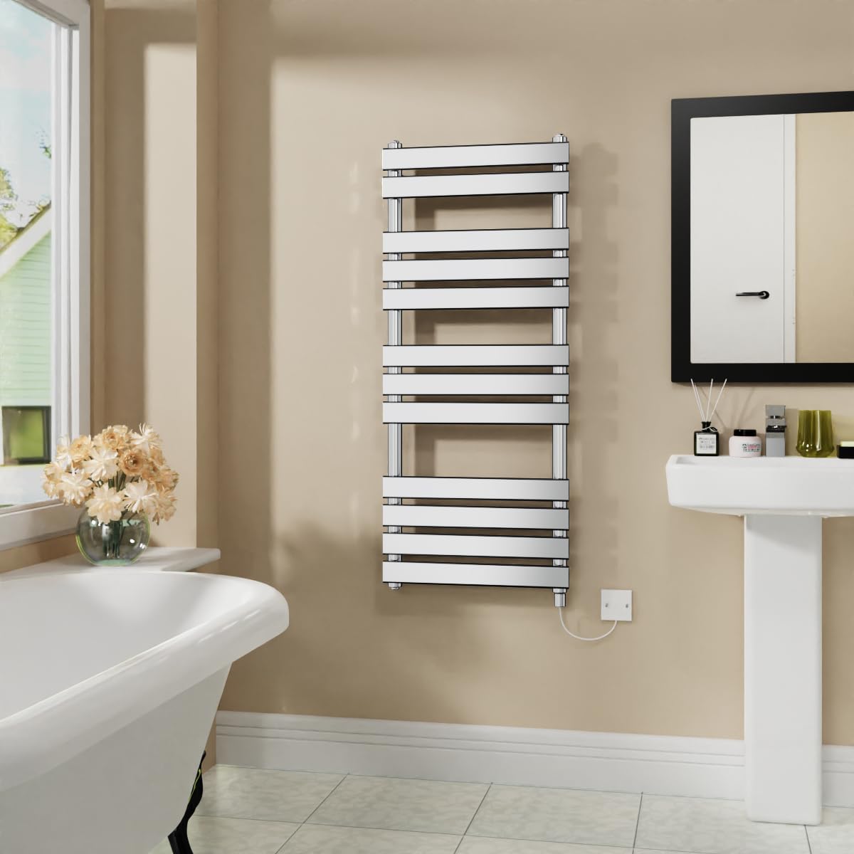 Warmehaus Electric Flat Panel Heated Towel Rail Chrome Bathroom Ladder Radiator Warmer 1200x500mm 600W