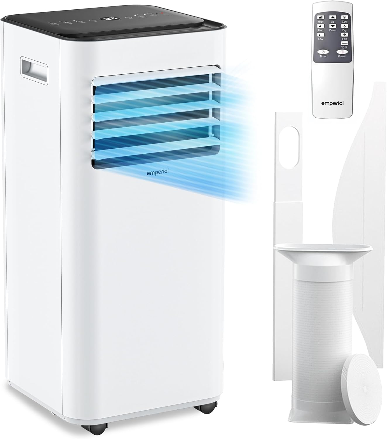 Emperial Air Conditioner 9000 BTU, 4-in-1 Portable Air Conditioning Unit, Dehumidifier, Cooling Fan with 2 Fan Speeds, Digital Display, Remote Control, 24 Hour Timer & Dual Window Venting Kit Emperial Air Conditioner 9000 BTU, 4-in-1 Portable Air Conditioning Unit, Dehumidifier, Cooling Fan with 2 Fan Speeds, Digital Display, Remote Control, 24 Hour Timer & Dual Window Venting Kit