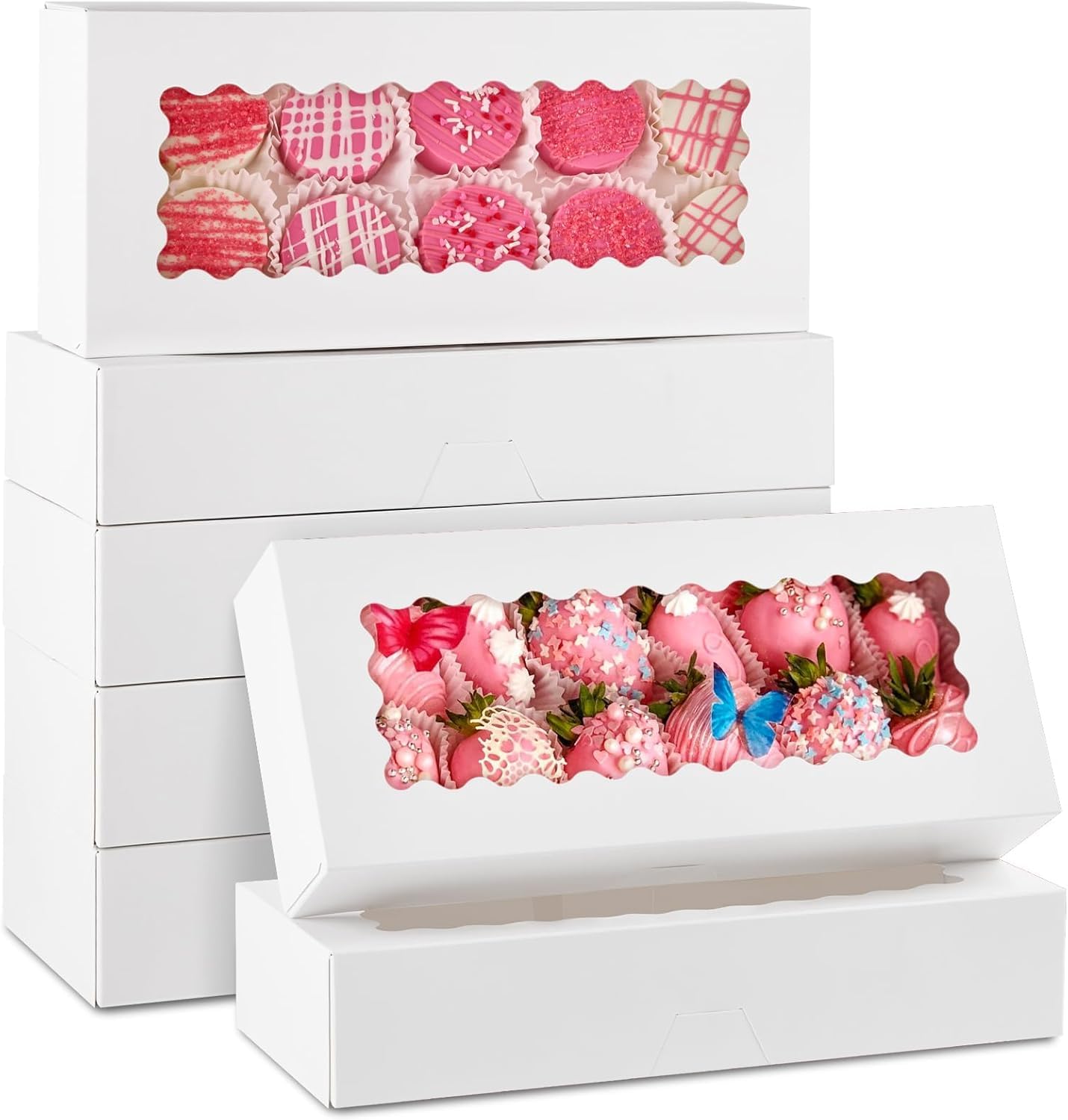 Kaheign White 24Pcs Cookie Boxes With Window, 32Cm X 14Cm X 6.5Cm Large Bakery Boxes Auto-Popup Treat Boxes For Donuts Chocolate Covered Strawberries Pastries Muffins Cake Pops