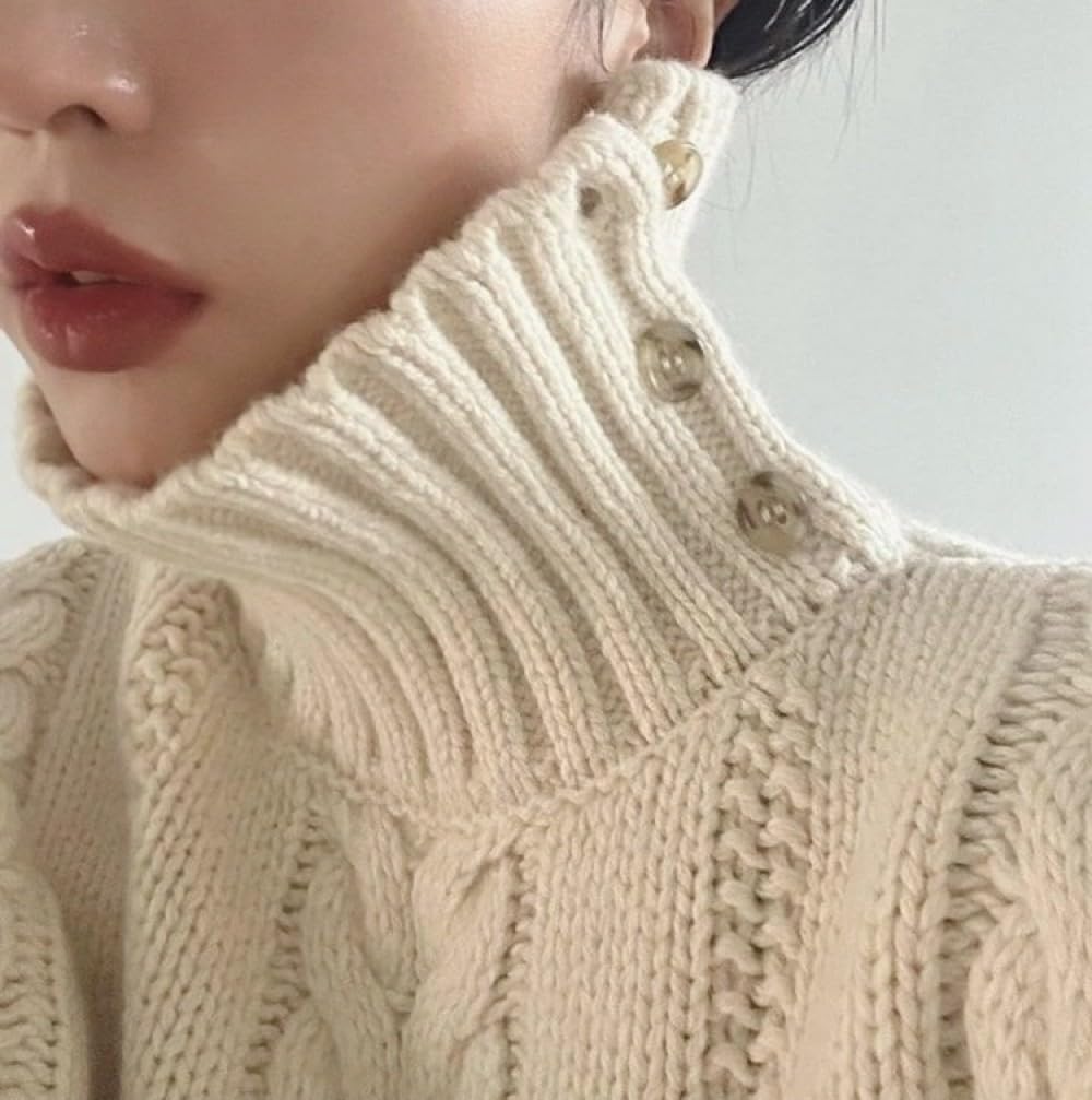 Damen Winter Rollkragenpullover Lose Knöpfe Strickpullover Wollpullover Strickpullover Langarm Pullover Dicker Winterpullover Warme Tops Pullover Strickwaren
