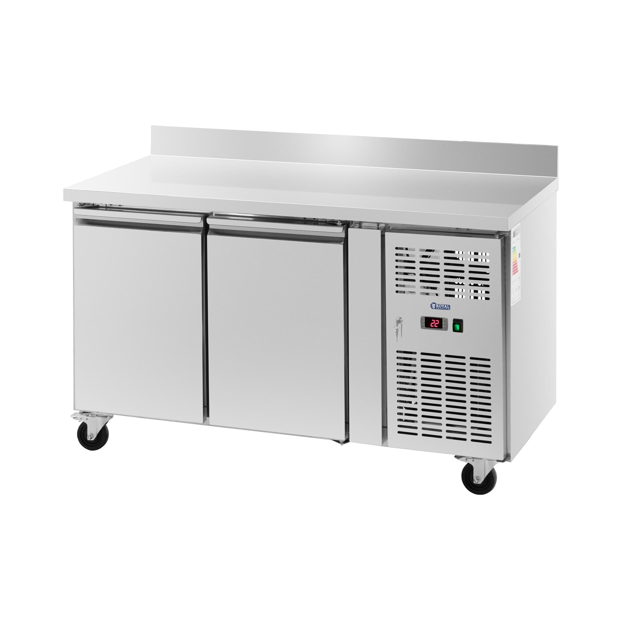 Royal Catering Banco refrigerato su ruote 260 l 2 scomparti 136 x 70 cm Classe B Alzatina Acciaio inox Tavolo refrigerato Banco frigo Banco frigorifero Banco frigo per gastronomia