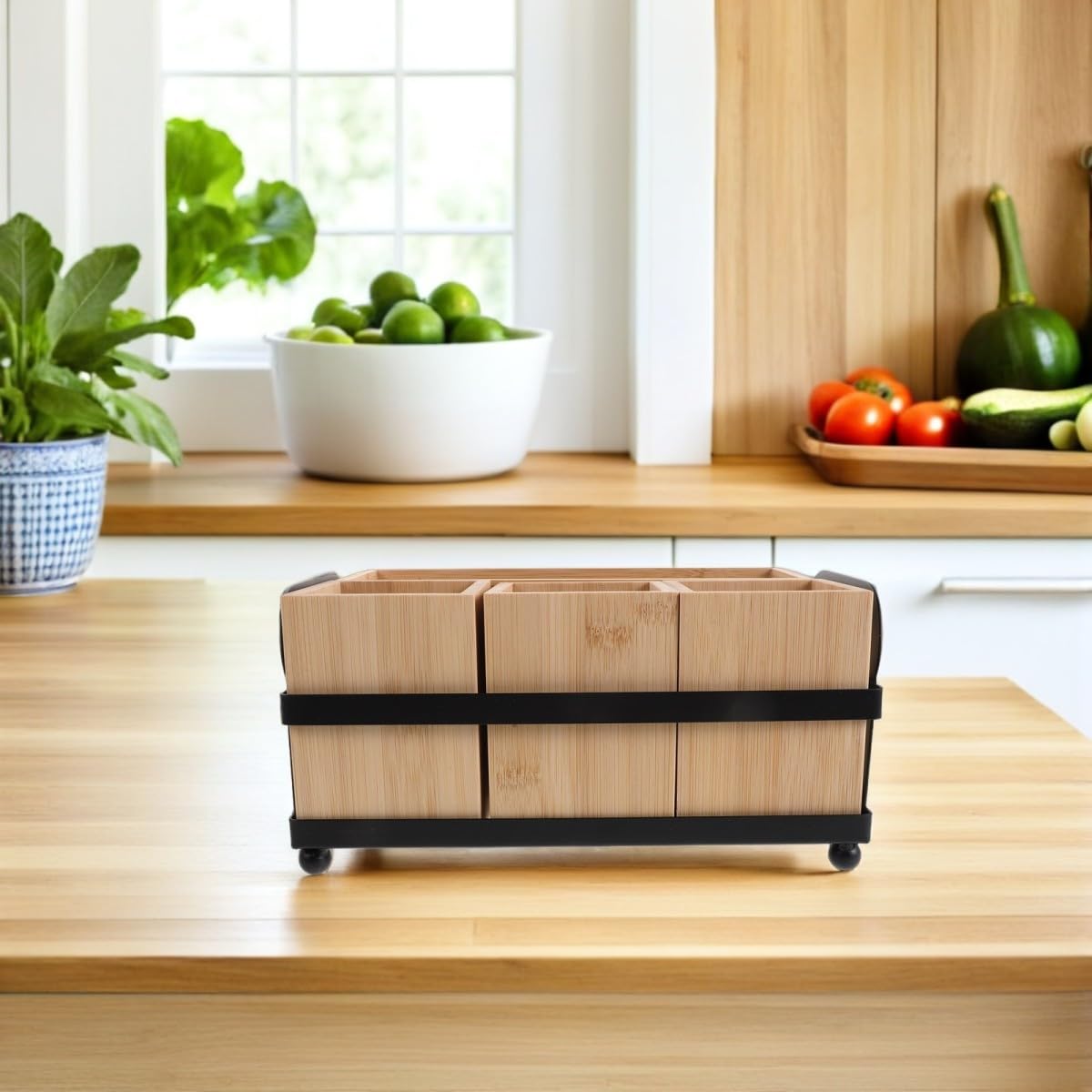 Toyvian Boîte de Rangement Bois pour Couverts et Ustensiles de Cuisine Support pour Couteaux Fourchettes et Baguettes Organisation Pratique pour Cuisine