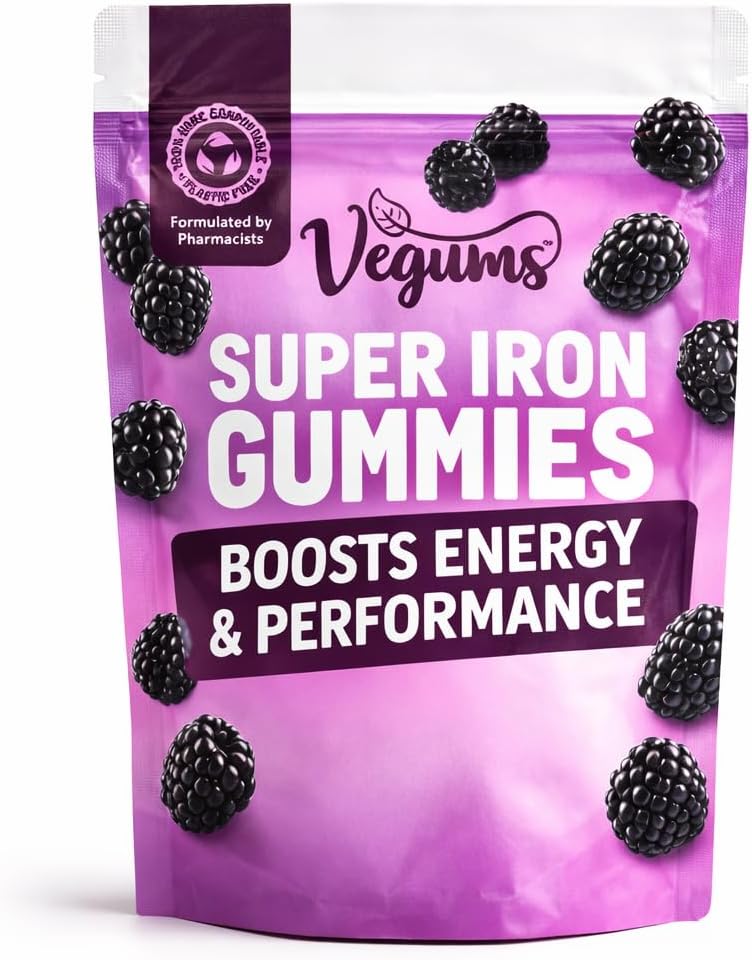 Vegums Iron Gummies | Vegan Friendly Gummy Vitamins | 30 BlackBerry Flavoured Chewable Iron Supplements for All The Family | Suitable for Vegans and Vegetarians