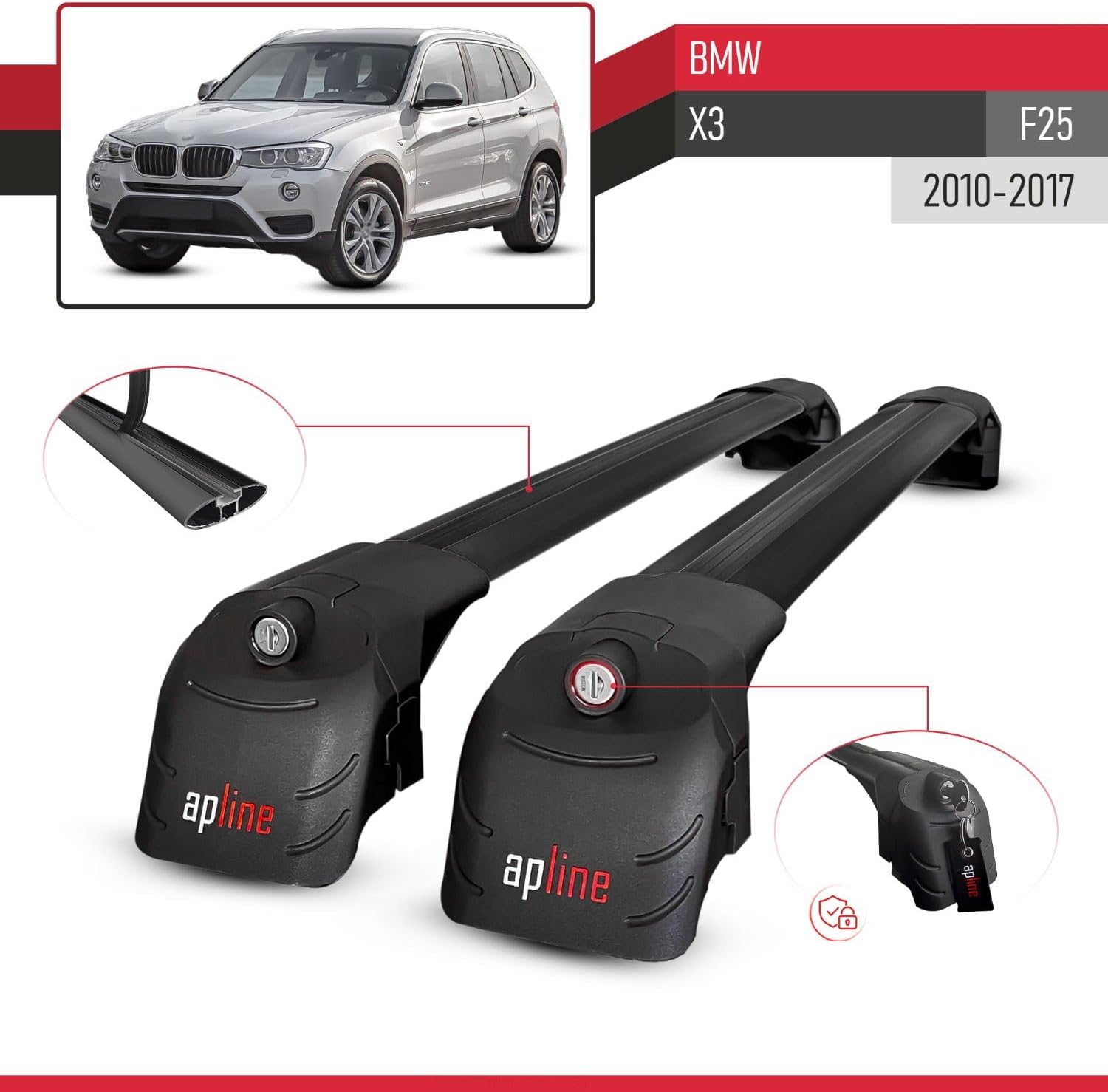 Compatible with BMW X3 (F25) 2010-2017 ACE-2 Type Car Roof Rack Cross Bar Black Aluminium Bars