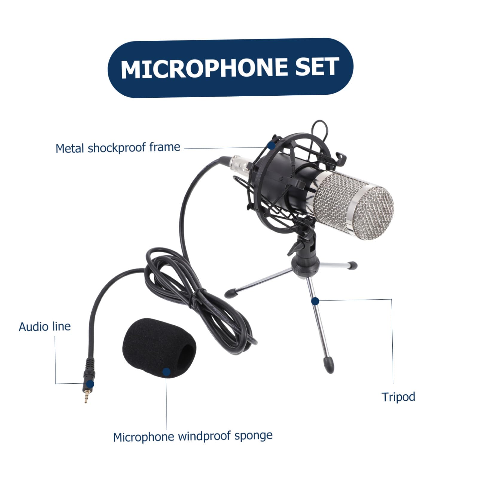 Kit de Micrófono Condensador con Cable para Oficina y Ktv Set Ligero y Portátil para Conferencias y Streaming Clara de Voz Color Negro con Rejilla Plateada