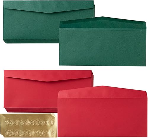 Miniatura 1 de Paquete de 100 sobres de Navidad #10 para negocios, coloridos sobres verdes y rojos, bolsillos autoadhesivos para tarjetas de felicitación, para