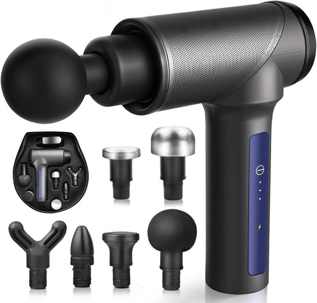 FITQUIET Muscle Massage Gun for Athletes - Deep Tissue Handheld Percussion Massager Gun for Pain Relief, Portable Electric Super Quiet Brushless Massagers with 6 Different Heads, 3 Speed Levels