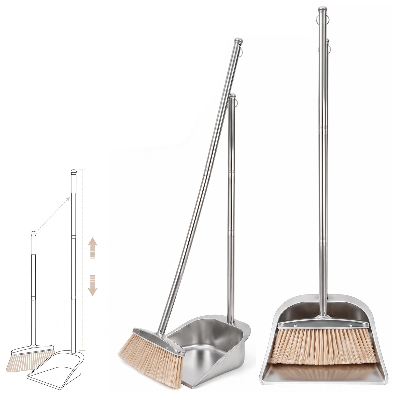 Juego de escoba y recogedor con mango largo, giratorio 180 grados, barredora y recogedor, juego de pala y escoba de acero inoxidable, ajustable, limpieza altamente eficiente para el hogar, la oficina