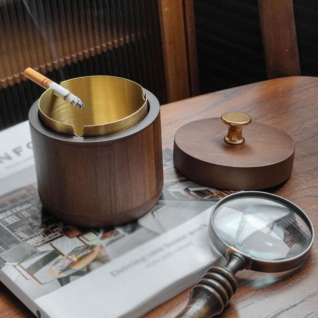Popielniczka na popiół na biurko do domu salonu z pokrywą duża retro lite drewno lekka luksusowa biurowa kreatywna popielniczka (A)