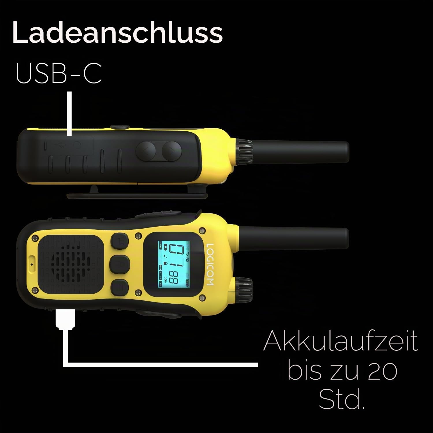 Logicom - Adventure Walkie-Talkie PMR446 IP54 Reichweite 10 km Akkulaufzeit 20h LCD-Display USB-C Taschenlampe VOX Freisprechfunktion 16 Kanäle Akku 1000 mAh 2er-Set