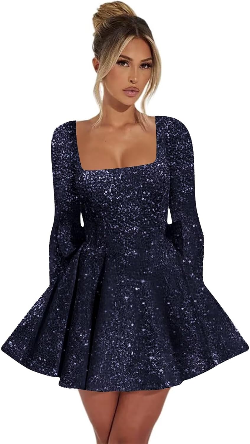 Short Sparkly Sequin Homecoming Dresses for Teens Long Sleeves A Line Mini Cocktail Party Dress with Bow