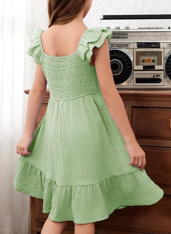 Girls Summer Dresses Cute Double Layer Ruffle Sleeve Smocked Flowy Dress 6-15 Years - Image 3