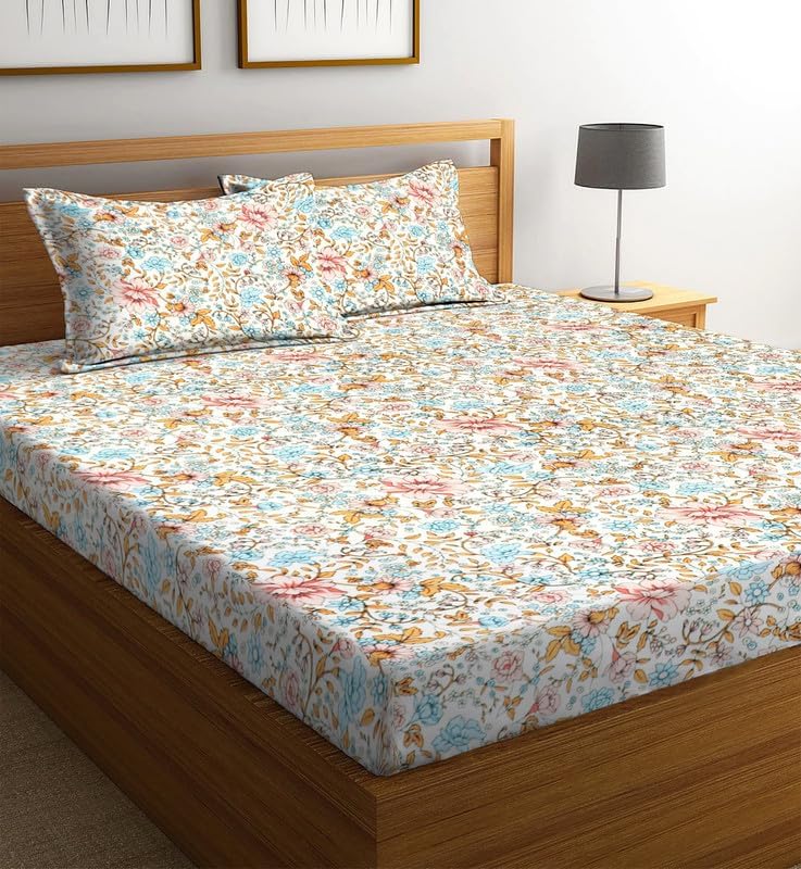 Image of la' amour Cotton 220 TC Flat Double Bed Bedsheets for Summer Breathable | Wrinklefree (Size- 228 x 230 Cm) with 2 Pillow Covers (Size-17 X 27 Inches, Floral, White and Pink)