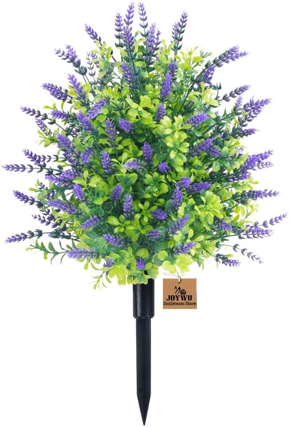 UV Resistant Artificial Lavender Topiary Trees for Outdoors, 22" Artificial Boxwood Topiary Ball Trees with Ground Spike, Fake Shrubs Bushes Faux Plants for Front Porch Garden Home Decor (1)