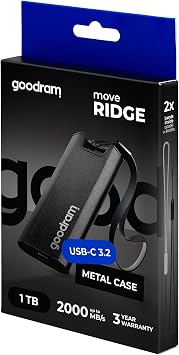 GoodRam Move Ridge Black - External Hard Drive - SSD 1TB - Read Speed Max. 2000 MB/s, Write Speed Max. 2000 MB/s - USB 3.2 Gen. 2 x 2 Type-C - with Metal Housing - 75 x 32 x 9.5 mm