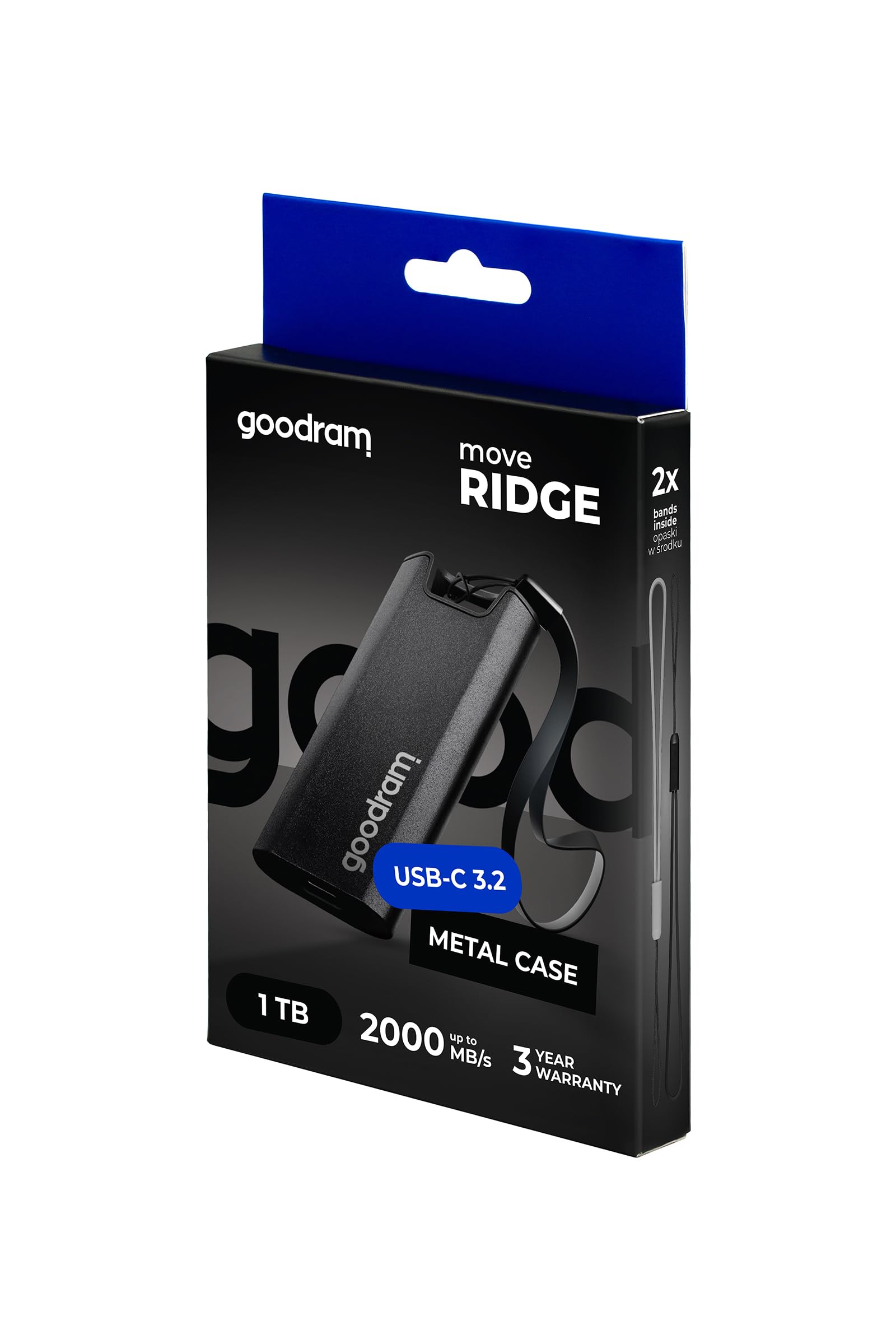 GoodRam – Disque Dur Externe SSD 1To – USB 3.2 Gen. 2x2 Type-C – Move Ridge Black – Vitesse de Lecture Jusqu’à 2000 Mo/s, Vitesse d’Écriture Jusqu’à 2000 Mo/s – Boîtier Métallique – 75×32×9,5 mm