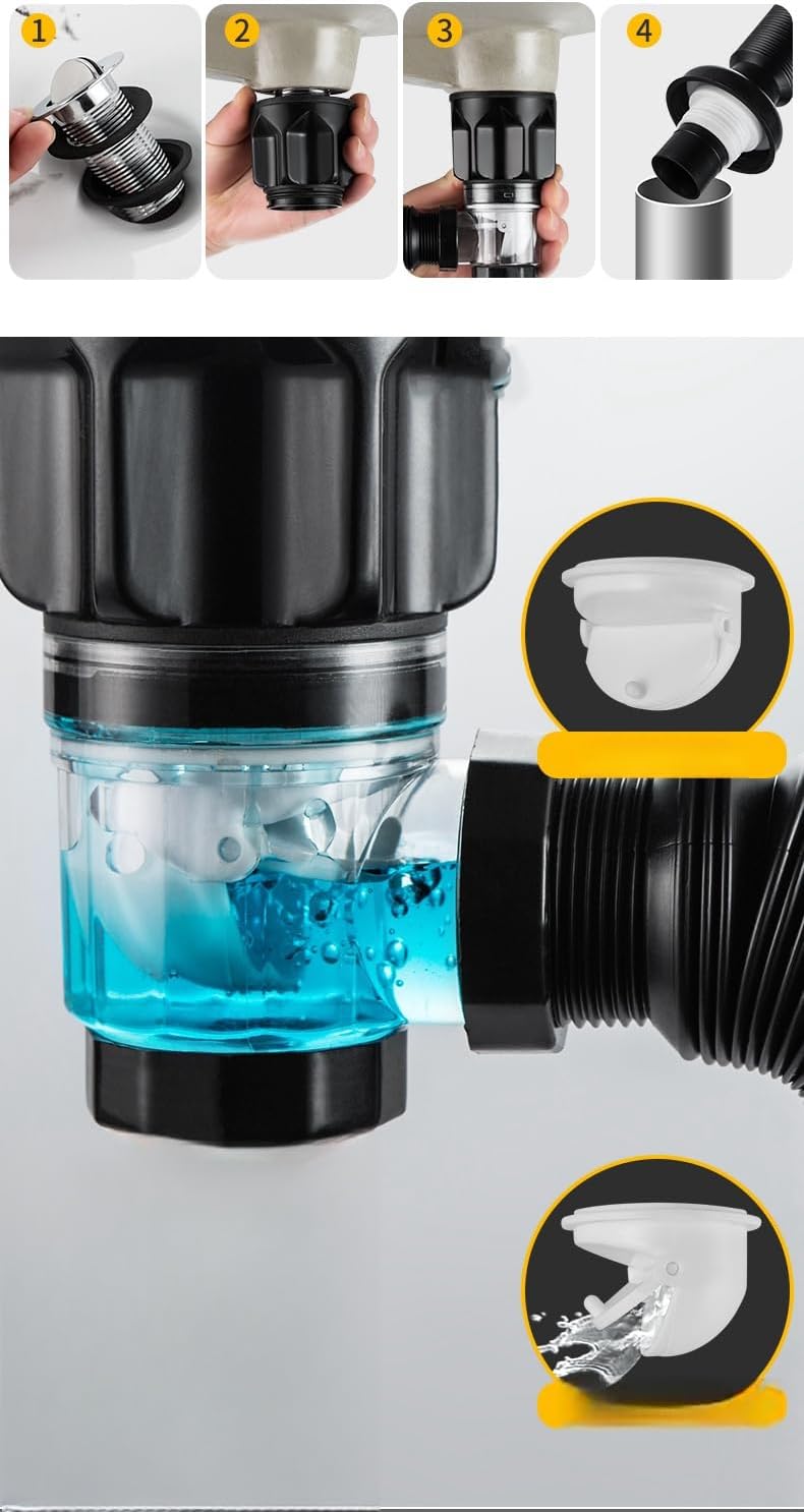Bathroom Sink Drain Kit with Flexible Expandable P-Trap Sink Drain Pipe Tube Anti-Odor Bathroom Sink Drain Pipe for 1-1/4",1-1/2" and 2'' Drain Hole (Flip Style)