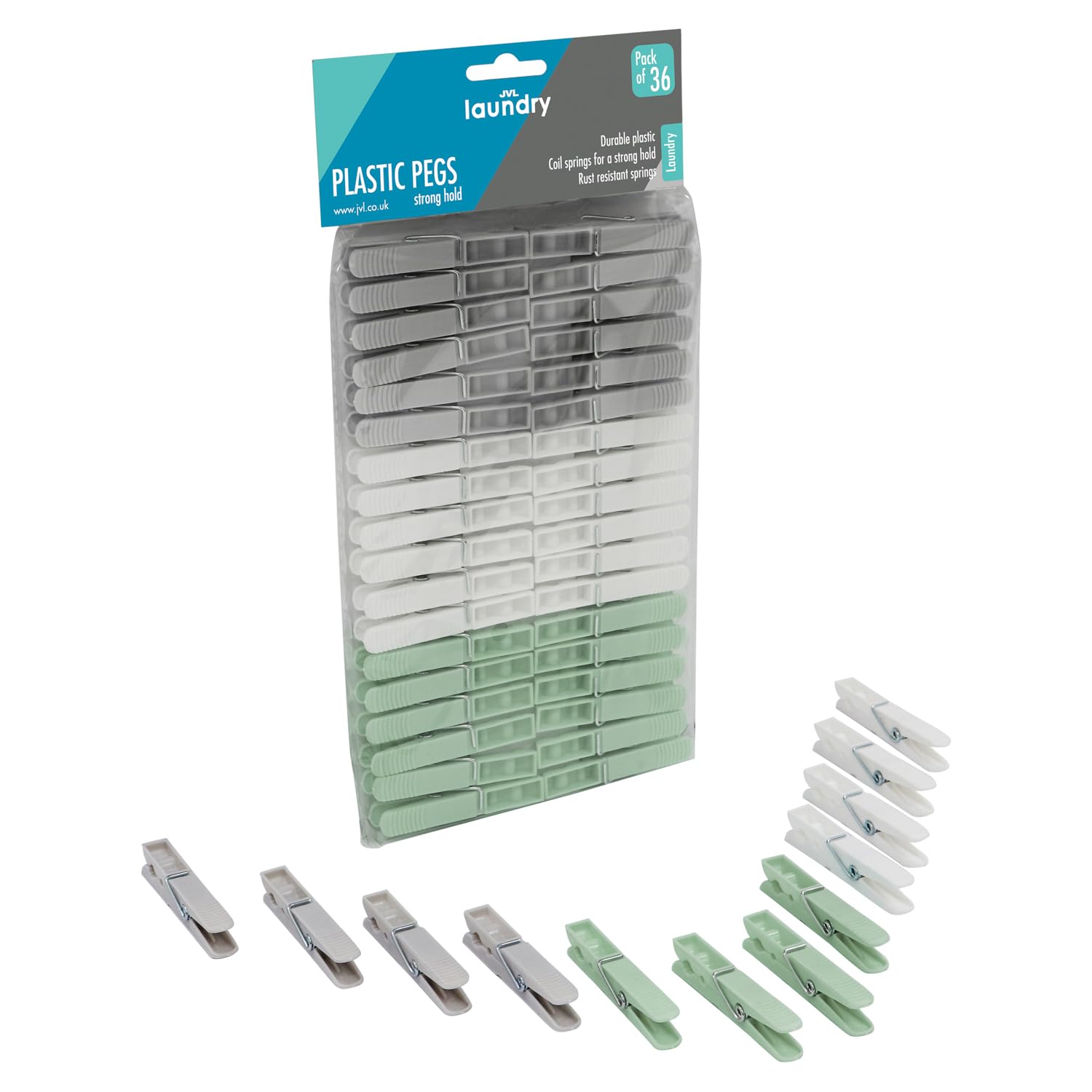 JVL - Clothes Pegs - 36 Pack - Grey, White and Green