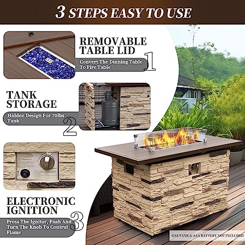 Pizzello 43" Propane Fire Pit Table Outdoor Stone Firepit Table Rectangular 50000 Btu Propane Fire Tables For Outside Patio With Wind Guard, Table Lid, Fire Beads, Cover,Pizzello Caldo (Buff) #TOP1