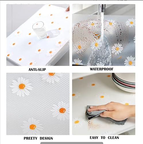 Daisy Flower Flower Shelf Liner For Kitchen Cabinets Non-Adhesive Drawer Liner Non-Slip Refrigerator Liner Waterproof Fridge Pad Cupboard Mat Easy Placemats, 11.8"X59" #TOP2
