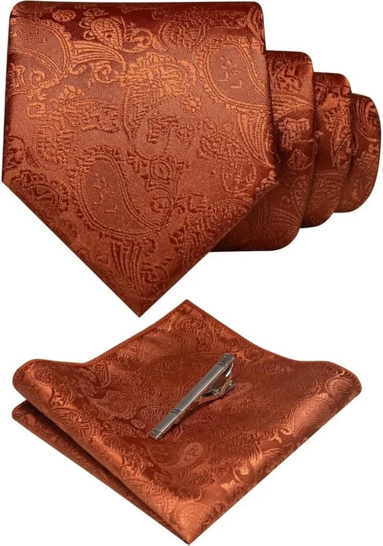 Mens Solid Color Paisley Necktie And Pocket Square With Tie Clip Sets