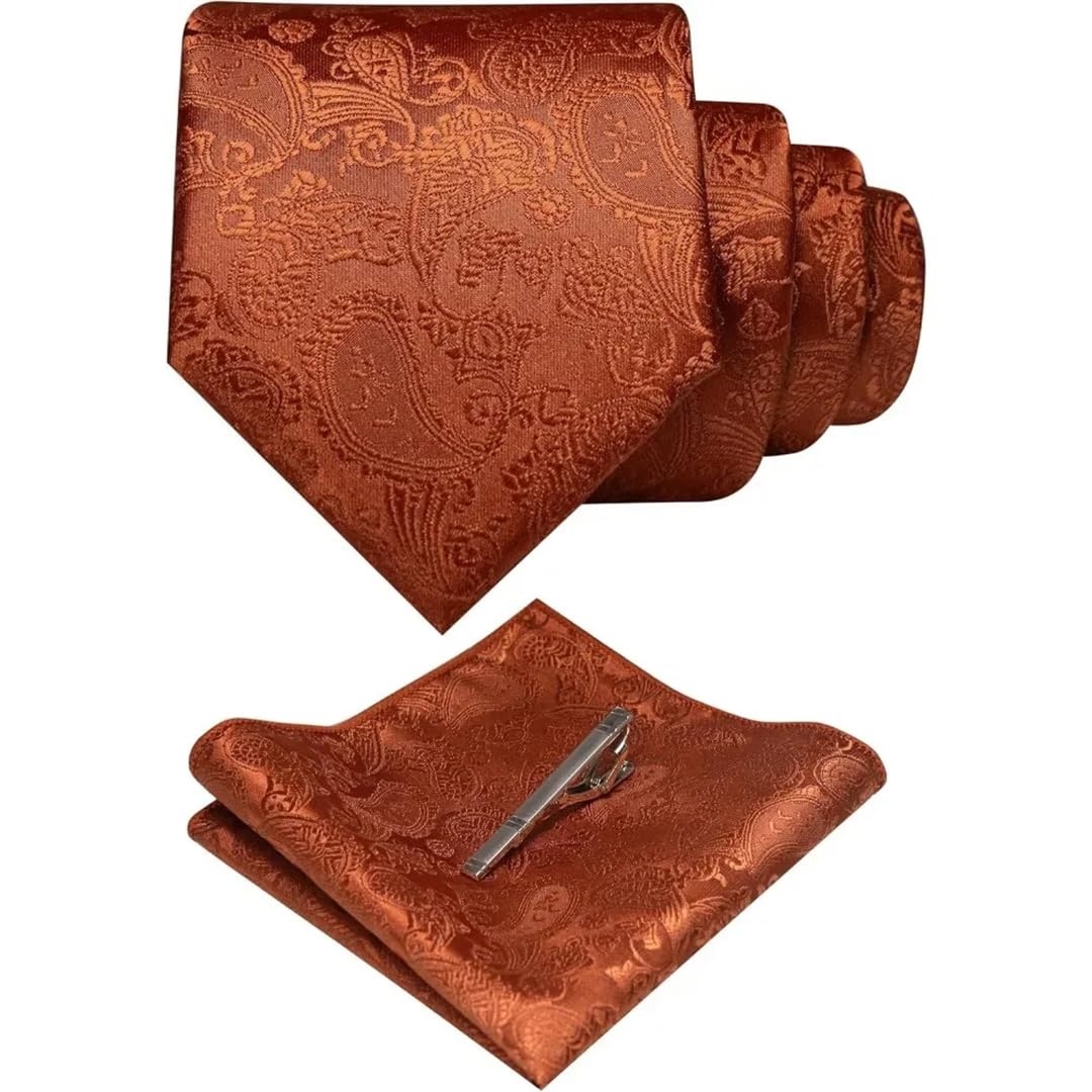 Juego de corbata y pañuelo de bolsillo para hombre con estampado de cachemira, color liso