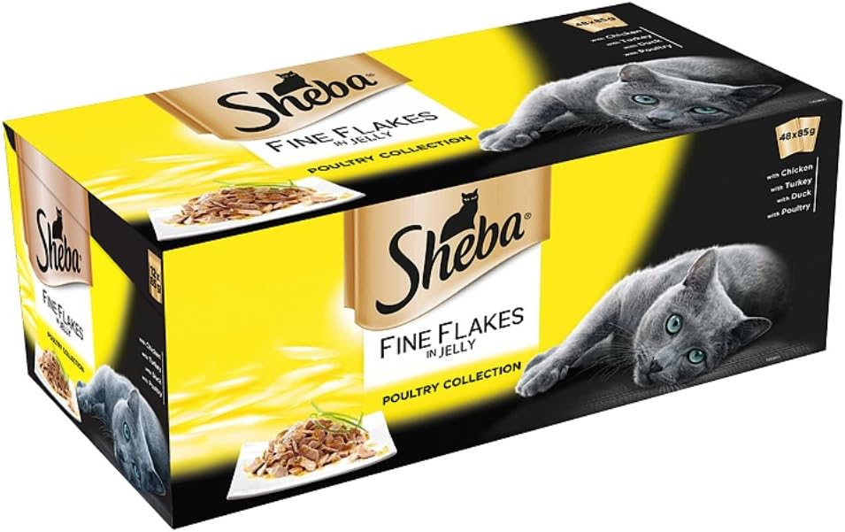 Sheba Fine Flakes - Wet Cat Food for Adult Cats, Poultry Collection in Jelly, 48 Pouches (48 x 85 g)
