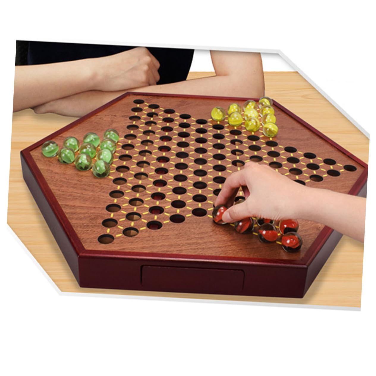 Gioco di Biglie Chinese Checkers Esagonale in Legno | Tradizionale per Ragazzo Ragazza e Adulti, Cassetto Integrato, Tavola Marrone per Intrattenimento Familiare