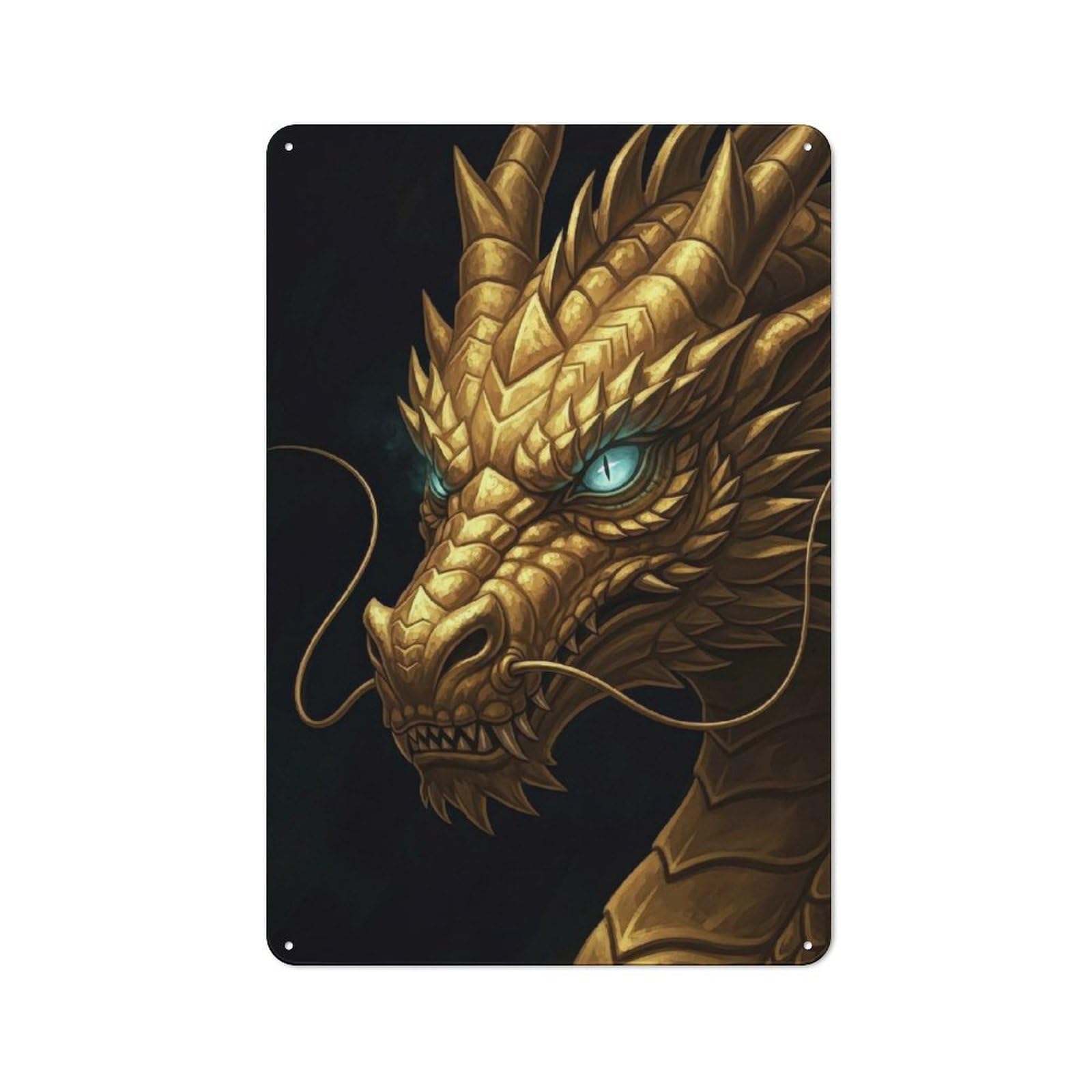 Junmoney Style-24 Metal Plaque 30X20cm With Golden Dragon Head With Blue Eyes For Hallway Wall, Rustic Decor, A Metal Wall Feature For Hallways And Entrance Areas
