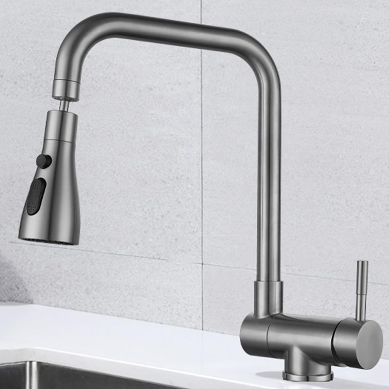 Grifo Cocina Abatible para Ventana Giratorio 3 Modo Grifo de Fregadero Abatible Acero Inoxidable Agua Fría y Caliente-Gris