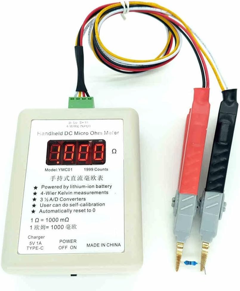 YMC01 Handheld DC Milliohm Meter, Low Resistance Tester Four-Wire Kelvin Measurement Digital Display 2R 20R Range for Electronics Testing for Circuit Board Wire Ohmmeters(Large Clip 2R)