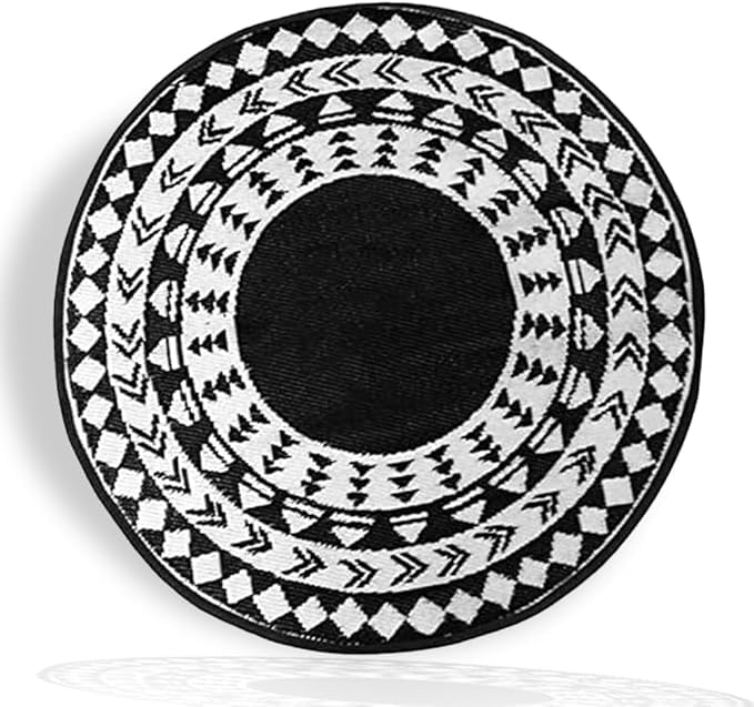 FAHAAM Modern Reversible Round Outdoor Picnic Mat| 200x200cm Portable Plastic Outdoor Rugs| Camping Rug| Round Patio Rugs for Garden| Waterproof Recycled Plastic Straw rug for Picnic. (Black)