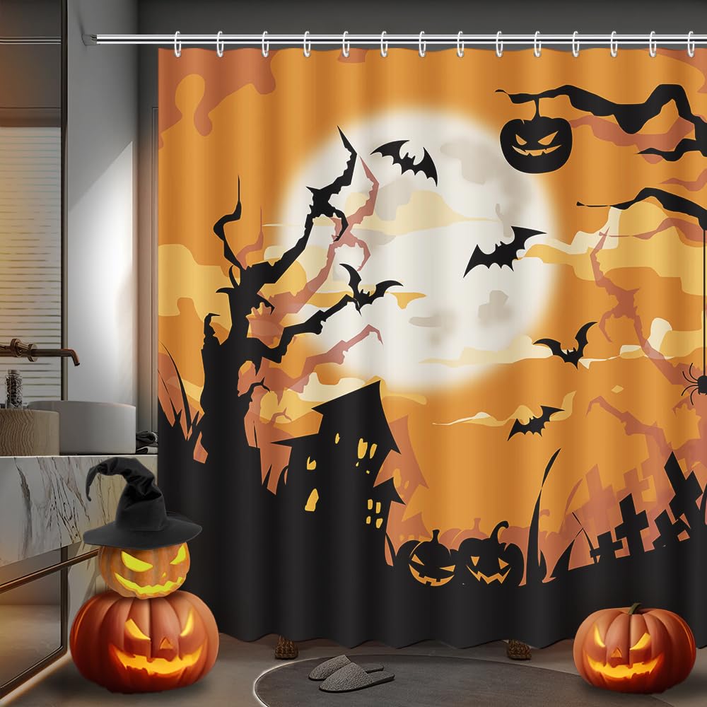 Rideau de douche orange Halloween avec citrouille maléfique et fantôme MEHOFOND pour salle de bain