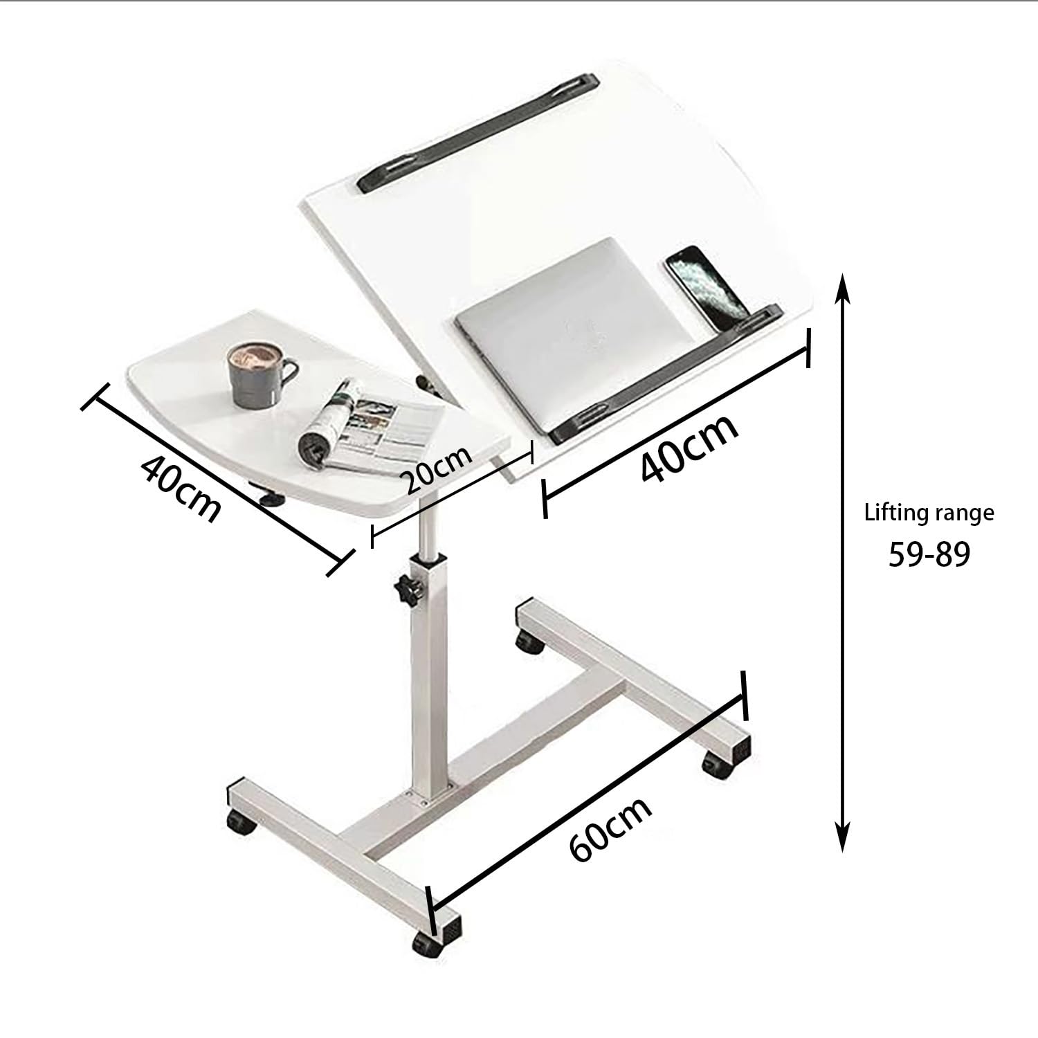 Tavolino Servitore Letto,Carrello Con Ruote Dotate Di Freno,60x40 Cm,Con 2 Barre Antiscivolo,Adatto Per Uso Con Tavolo,Divano o Letto,Supporto Per Laptop Con Altezza e Angolazione Regolabili (Bianco)