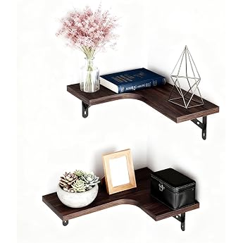 Set of 2 Wall Shelves L-Shaped Corner Shelves Floating Corner Shelves Corner Wall Shelves Wooden Shelves Shelves for Wall Storage Wall Mount Wooden Display Shelf for Living Room Bedroom Kitchen Brown