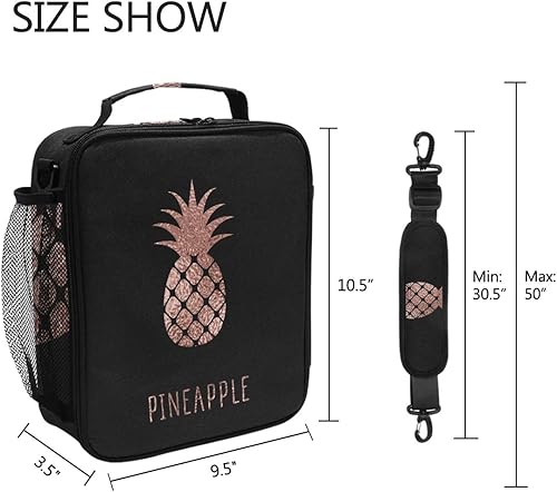 Miniatura 5 de AUUXVA Bolsa para lonchera, oro rosa, patrón de piña, aislamiento térmico, correa de hombro ajustable, 10.5 pulgadas de alto x 3.5 pulgadas de ancho