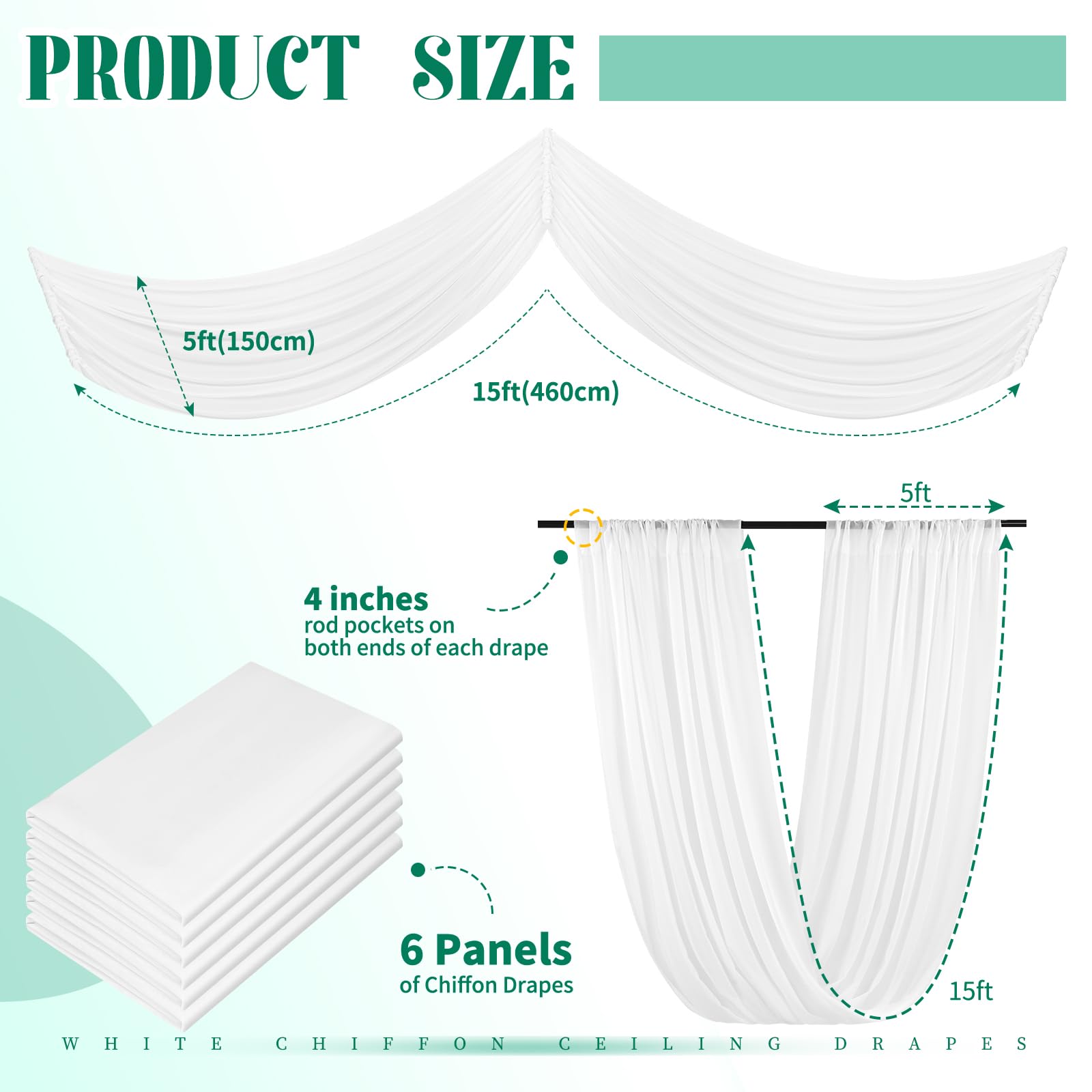 Lot de 6 rideaux de plafond en mousseline de soie transparente pour mariage, plafond, fête, cérémonie, scène, 1,5 x 4,6 m, blanc