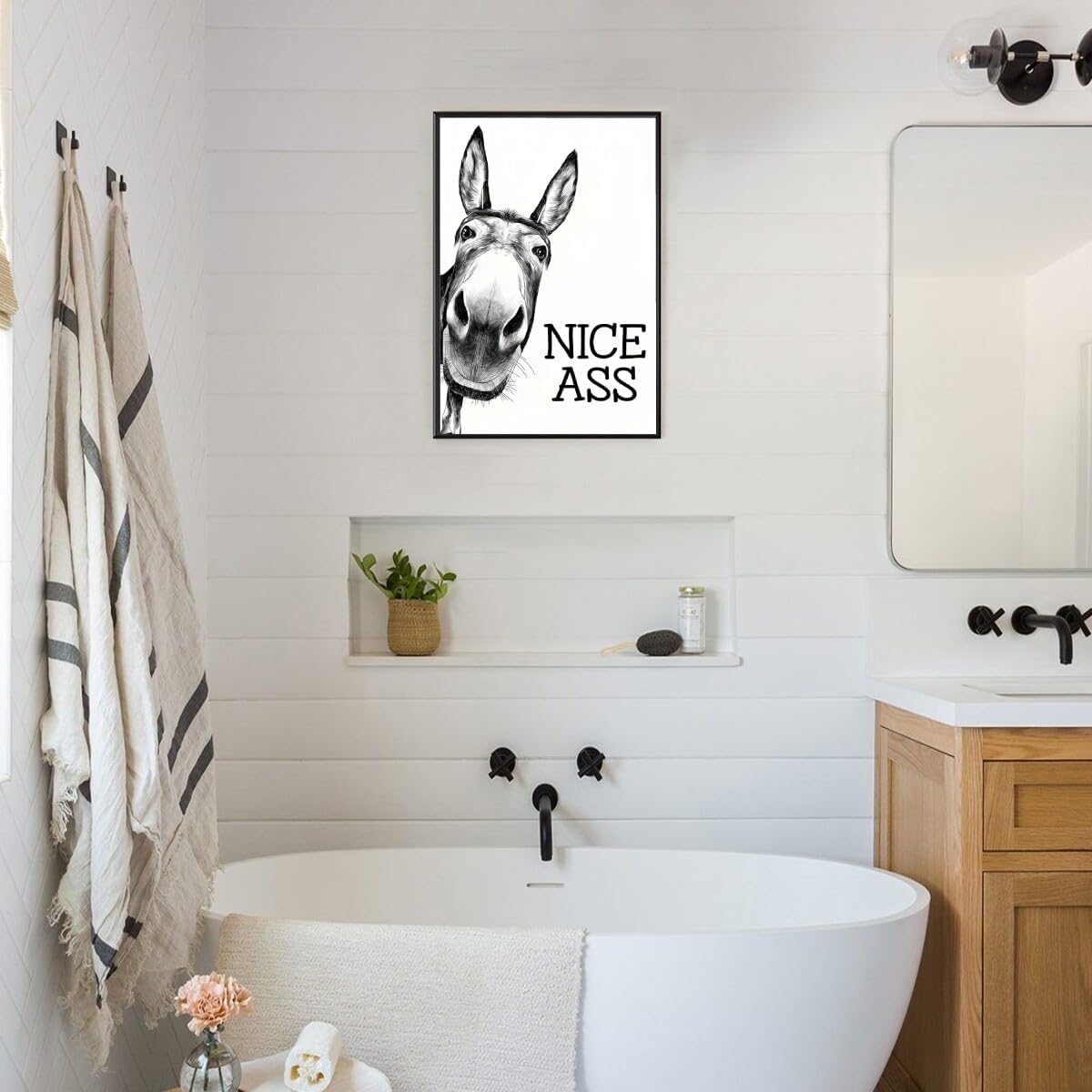 Black and White Bathroom Wall Art Decor Nice Ass,Donkey in Bathroom Canvas Posters,Interest Animals Wall Decor Vintage Farmhouse Home Humor Print Paint 16x24inch Framed