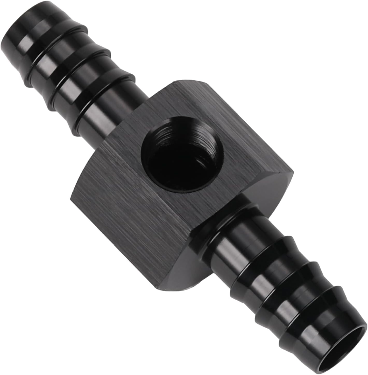 3/8 Hose Barb Inline Fuel Pressure Gauge T Fitting Adapter Union with 1/8 NPT Sensor Gage Port Aluminum Black