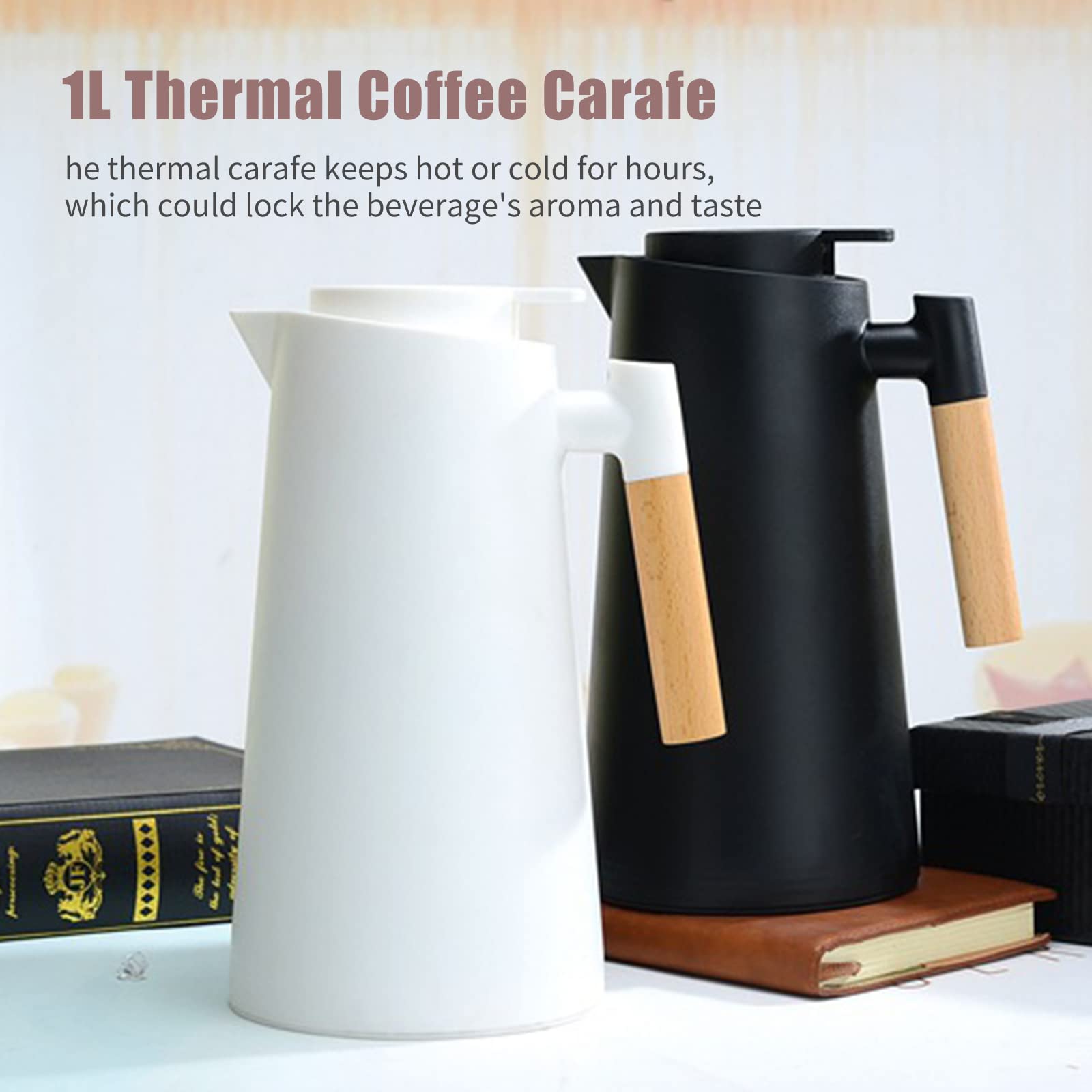 ERYUE 1L Carafe à café thermique Double paroi Thermos Pot avec manche en bois
