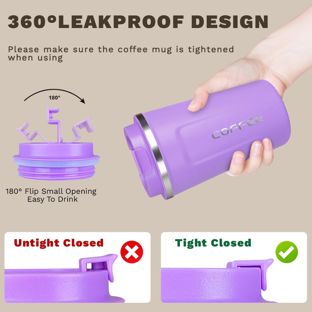 SPLMIFA Travel coffee mugs leak-proof, reusable coffee cup with lid, stainless steel vacuum insulated coffee tumblers, thermal insulation cups for men & women keep drinks hot & cold (2nd-Purple, 12OZ) image 5
