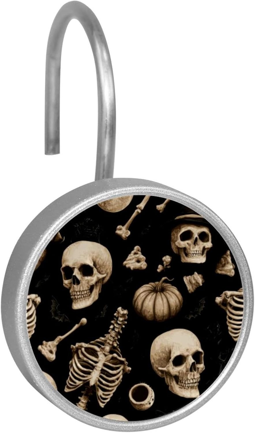 Halloween Skeleton Pattern (3) Round Crystal Glass Decorative Shower Curtain Hooks with 3D Pattern Visual, Rust Proof Shower Curtain Rings-12 Pack