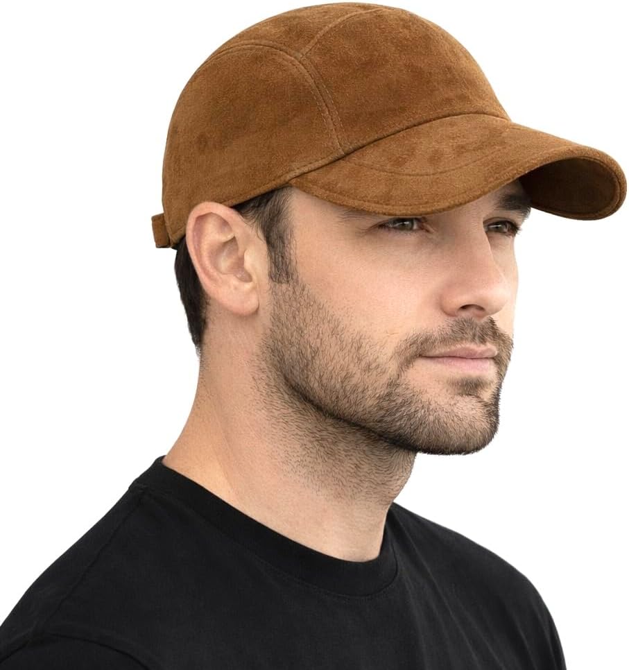 Genuine Suede Leather Baseball Cap, Vintage-Style Adjustable Strap Hat for Men & Women, One Size