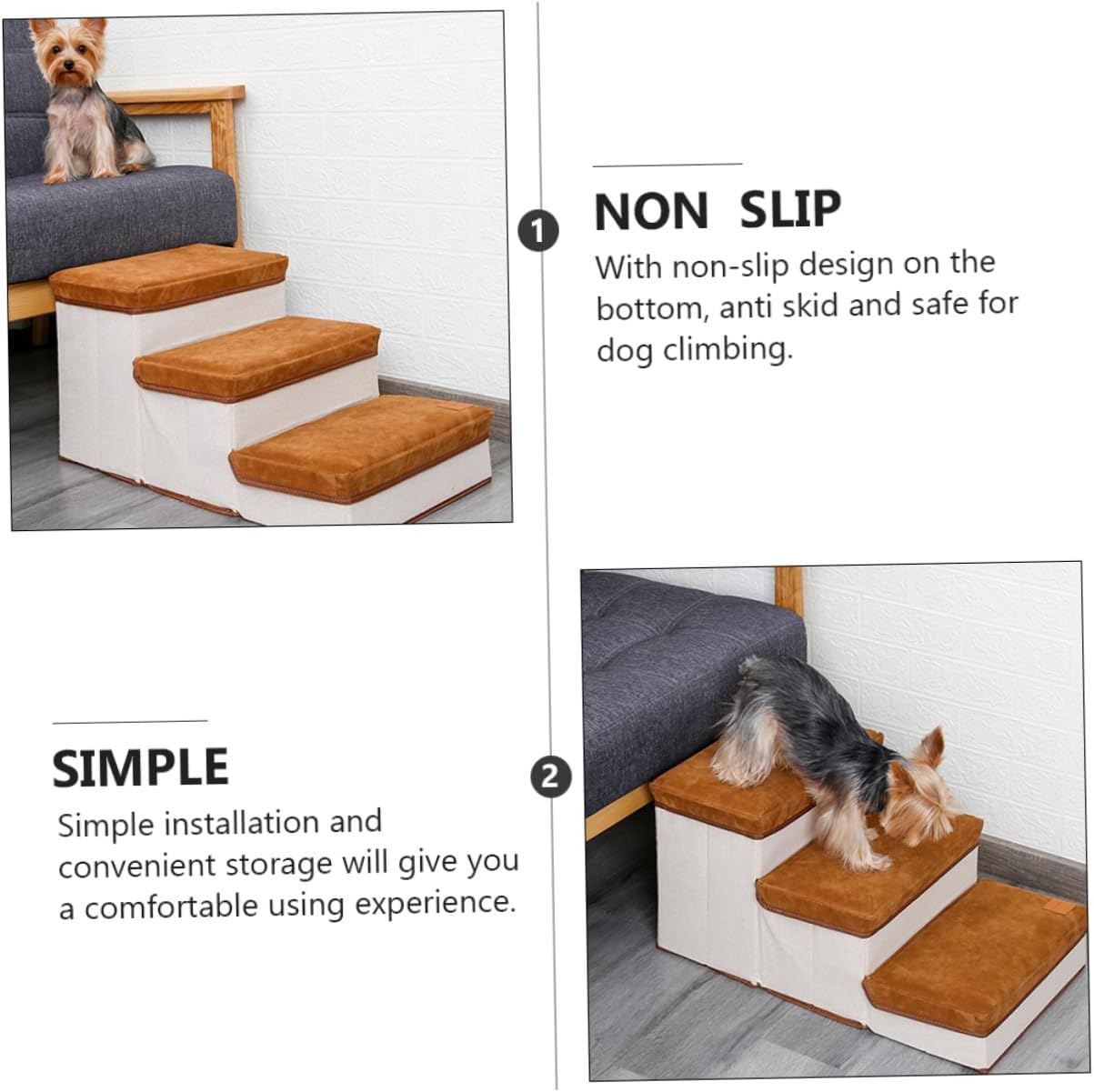 Foldable Indoor Dog Ladder Non-Slip Pet Stair Ramp for Small Dogs and Cats Brown